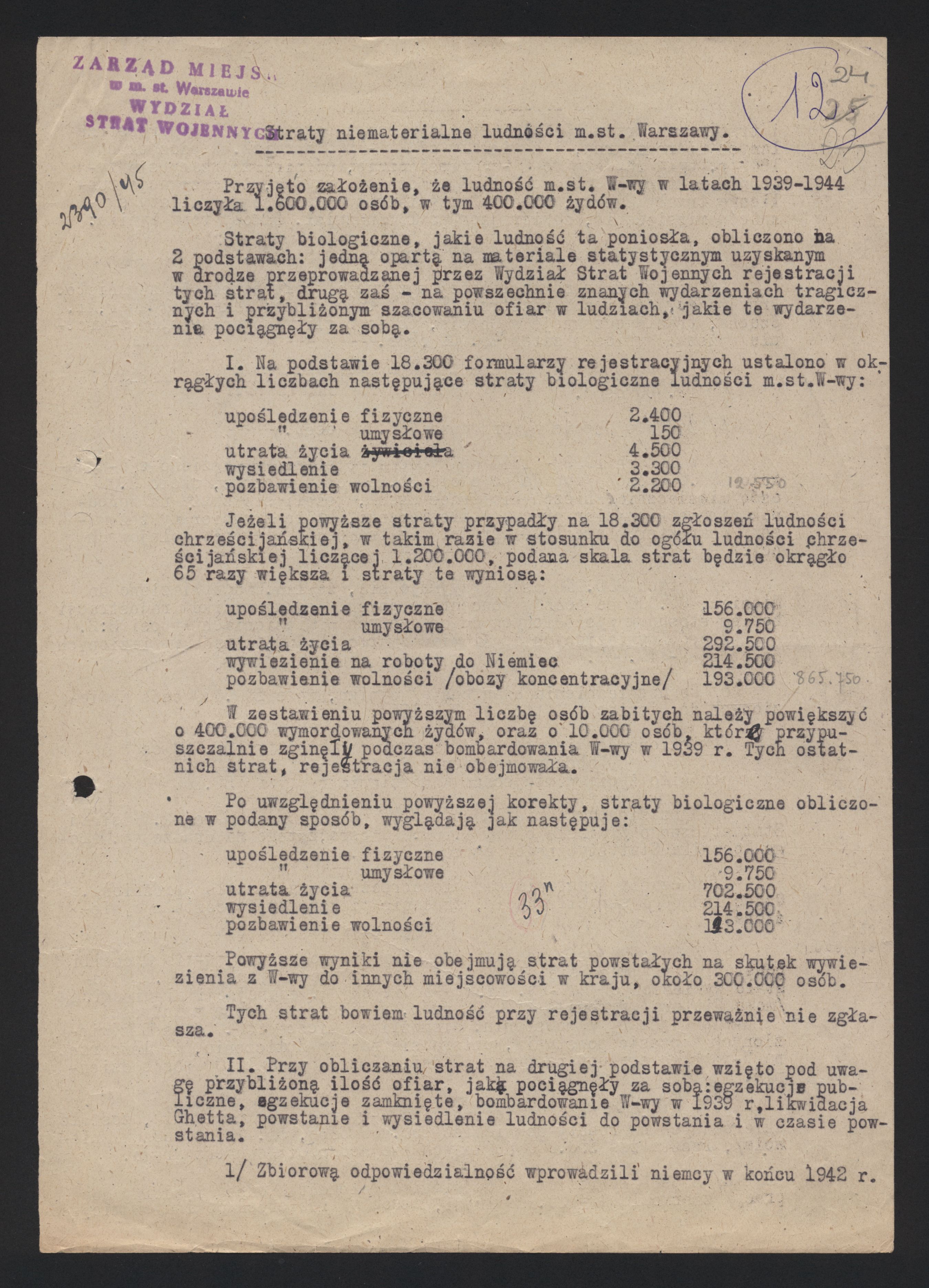 Wykaz strat niematerialnych poniesionych przez ludność Warszawy, 5.11.1945 r.; AAN, Biuro Odszkodowań Wojennych, sygn. 32