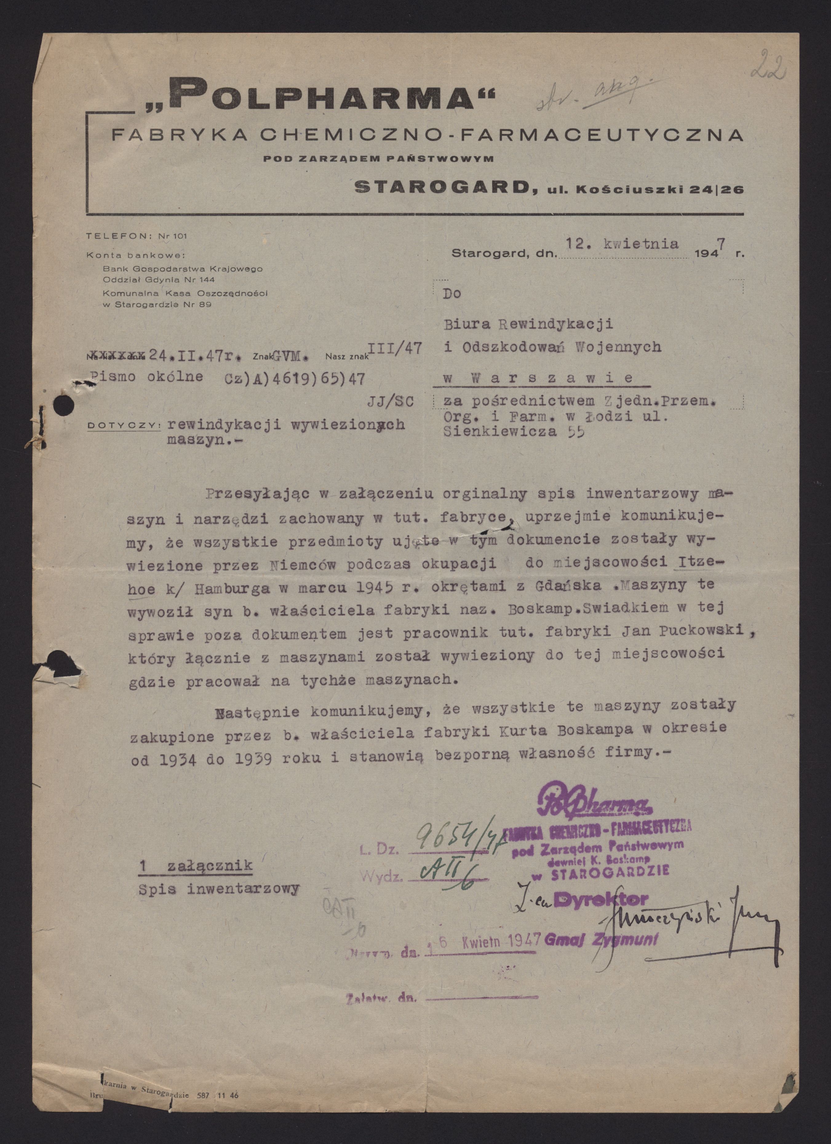Informacja dotycząca wywiezionego do Niemiec w czasie wojny sprzętu firmy Polpharma, 12.07.1947 r.; AAN, Biuro Rewindykacji w Warszawie, sygn. 67