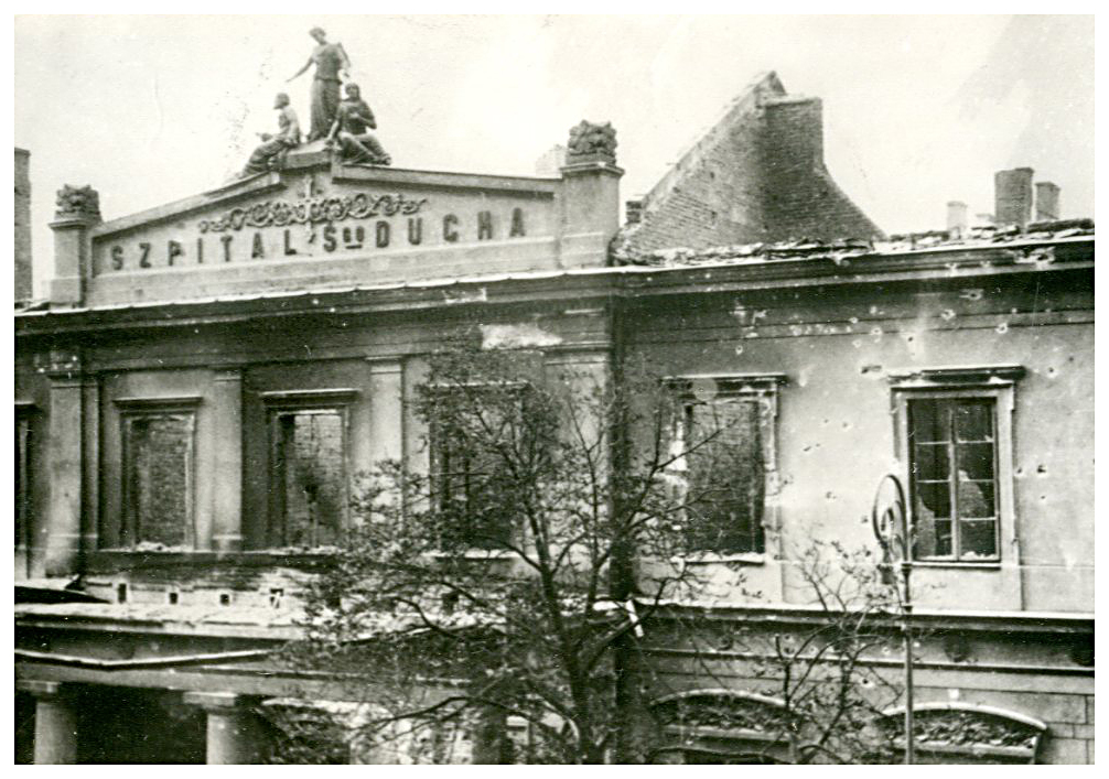 Zniszczony szpital św Ducha (widok od ul. Elektoralnej), 1939 r.; AAN, Zbiór fotografii b. Centralnego Archiwum KC PZPR, nr filmu D.365